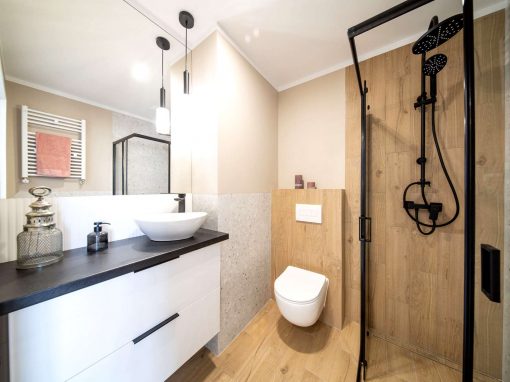 widok łazienki, szafka z umywalką, nowoczesna muszla, prysznic