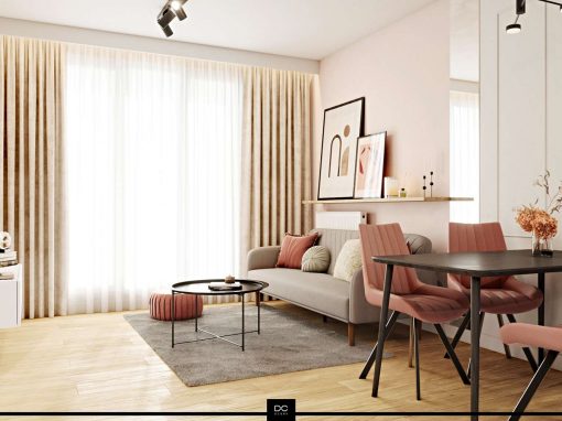 widok salonu, sofa, stolik kawowy, stół z krzesłami