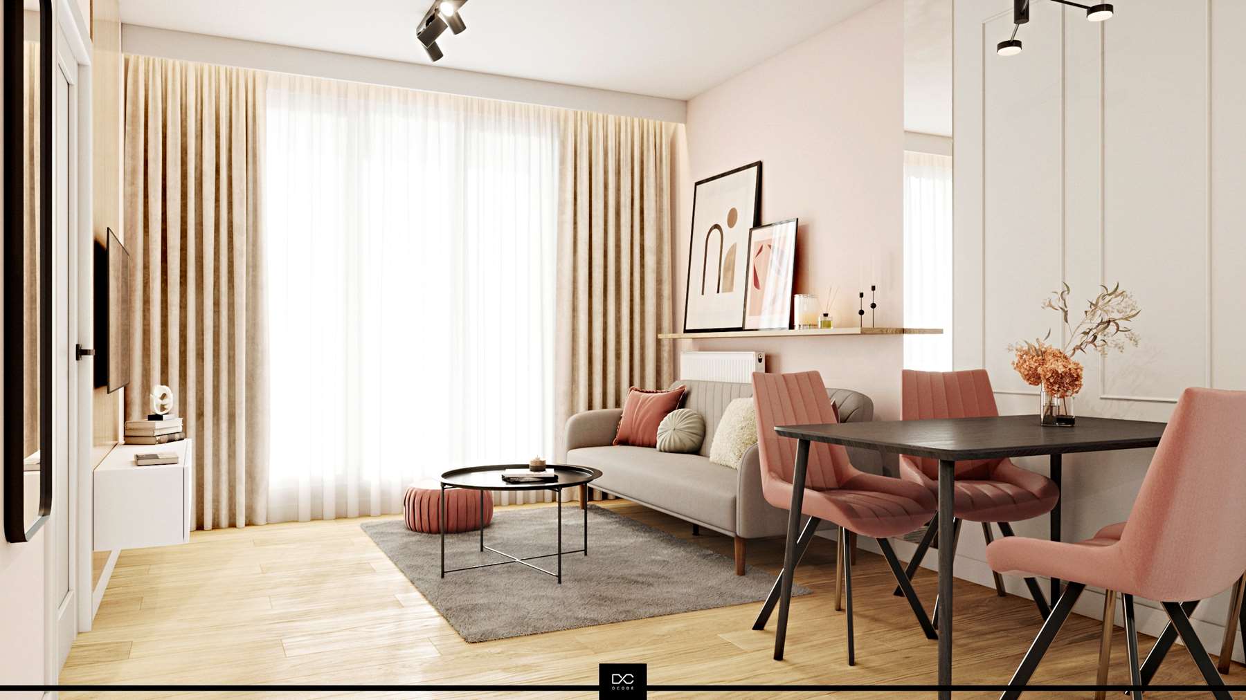 widok salonu, sofa, stolik kawowy, stół z krzesłami